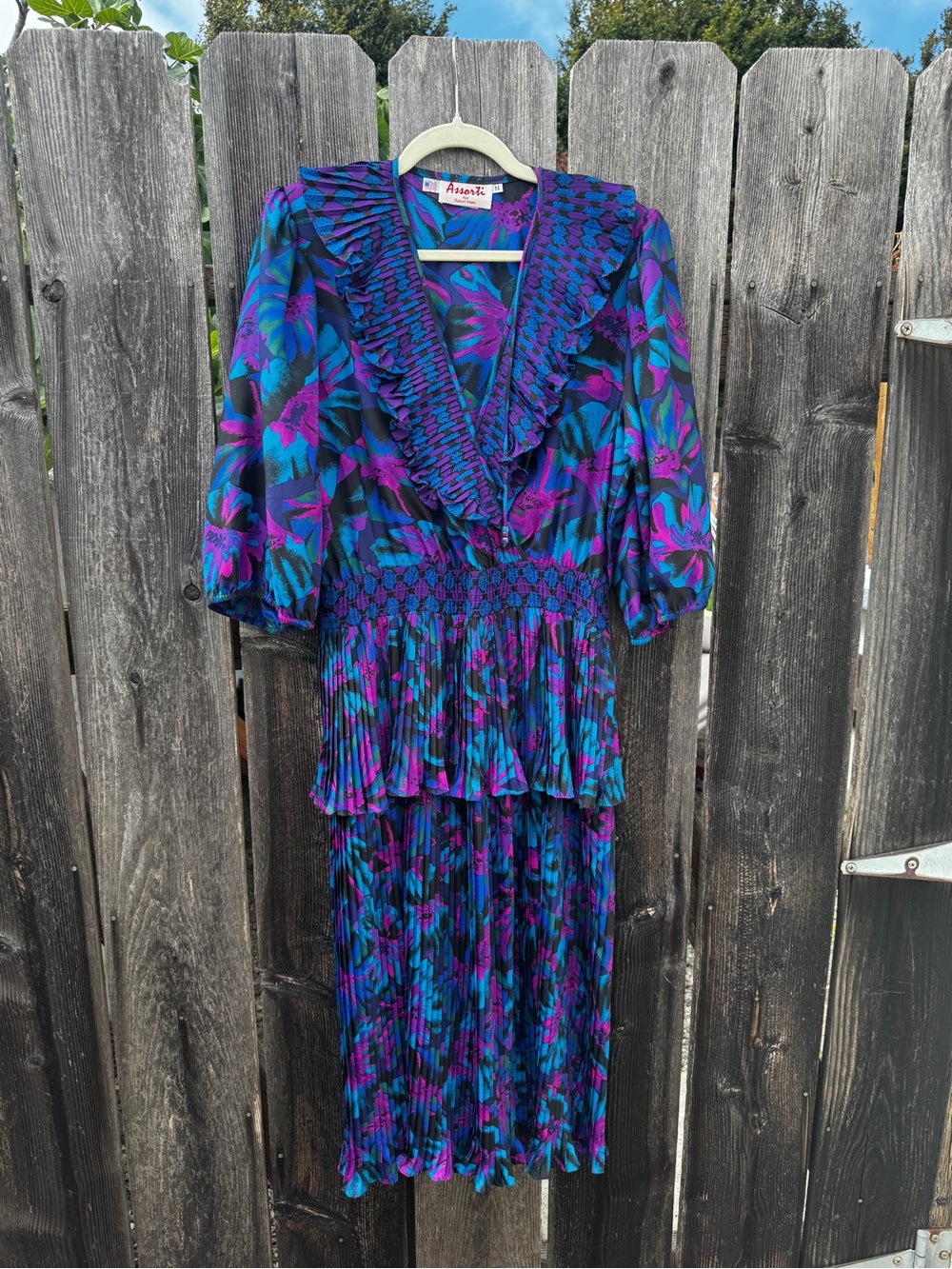 80s American Vintage Blue Purple Floral Ruffle Midi Dress Ruffles Smocked Waist